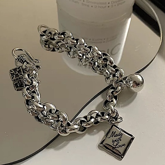 Sterling Silver Made with Love Bracelet Chain Link Ball Charm - Picture 1 of 12